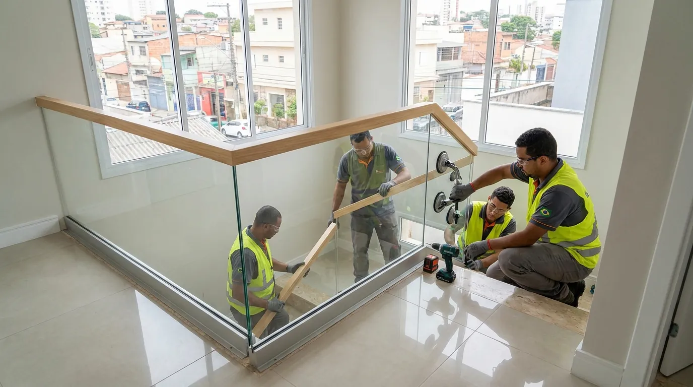 Painel de guarda-corpo de vidro sendo fixado